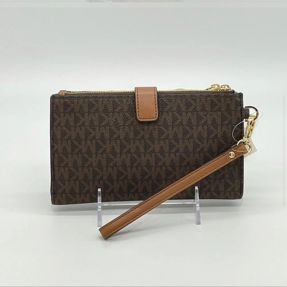 Michael Kors Large Double Zip Wallet Wristlet Brown/Gold - Picture 4 of 9